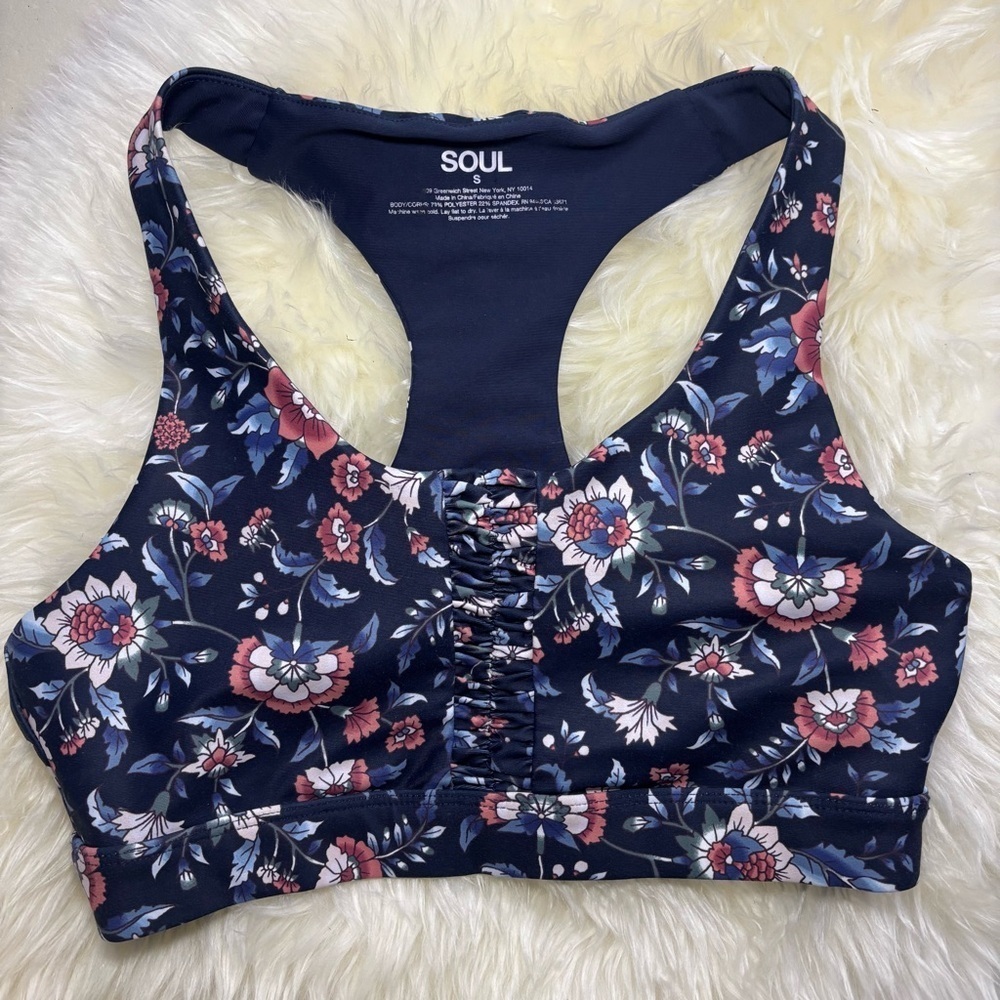 Soul by SoulCycle Ruched Blue and Pink Racerback Sports Bra with Floral Print - Picture 2 of 7